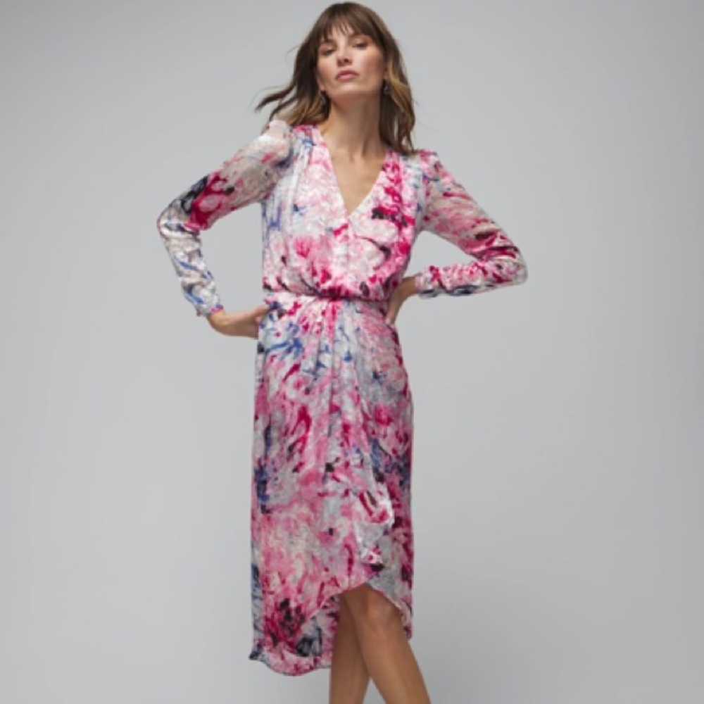 White House Black Market - Long Sleeve Burnout Ruched Front Midi Dress - NWT